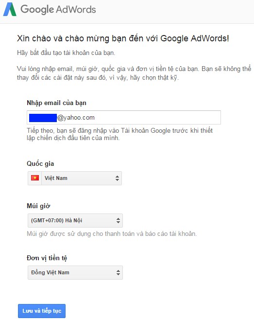 form tạo tài khoản google adwords
