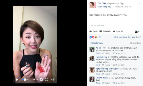 Buổi livestream giới thiệu một thương hiệu son môi của nữ ca sỹ Tóc Tiên vào tháng 11/2016.
