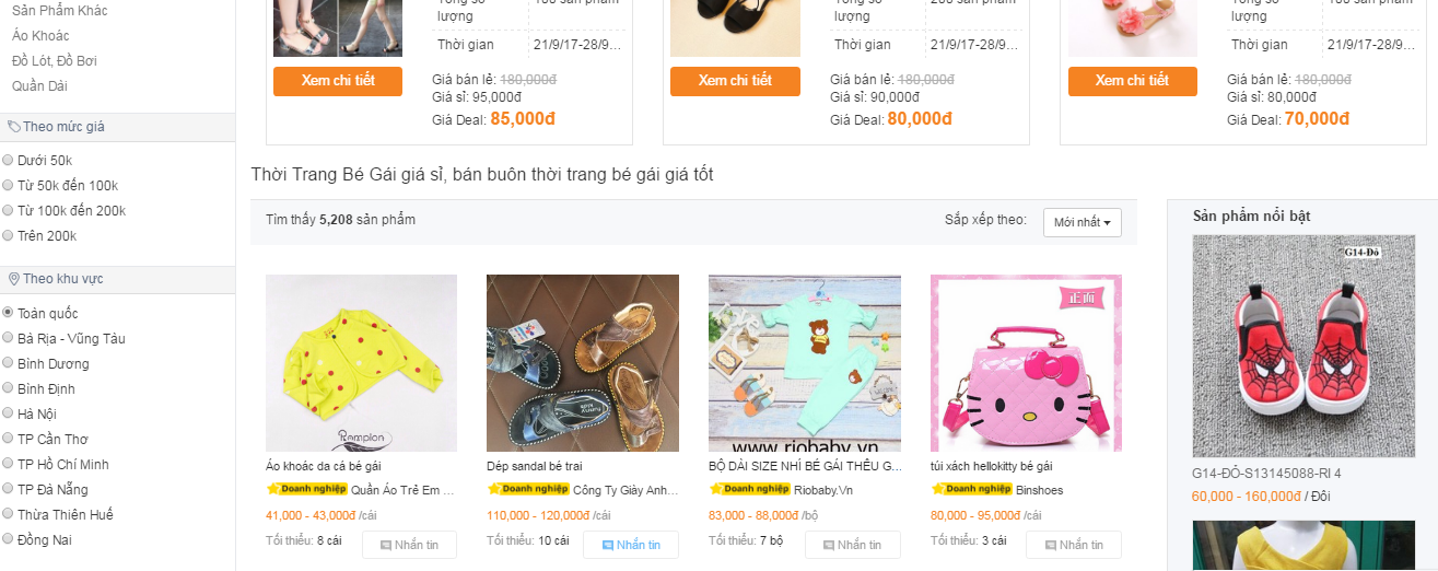 Nguồn hàng thời trang trẻ em được đăng bán trên giao diện Thitruongsi.com
