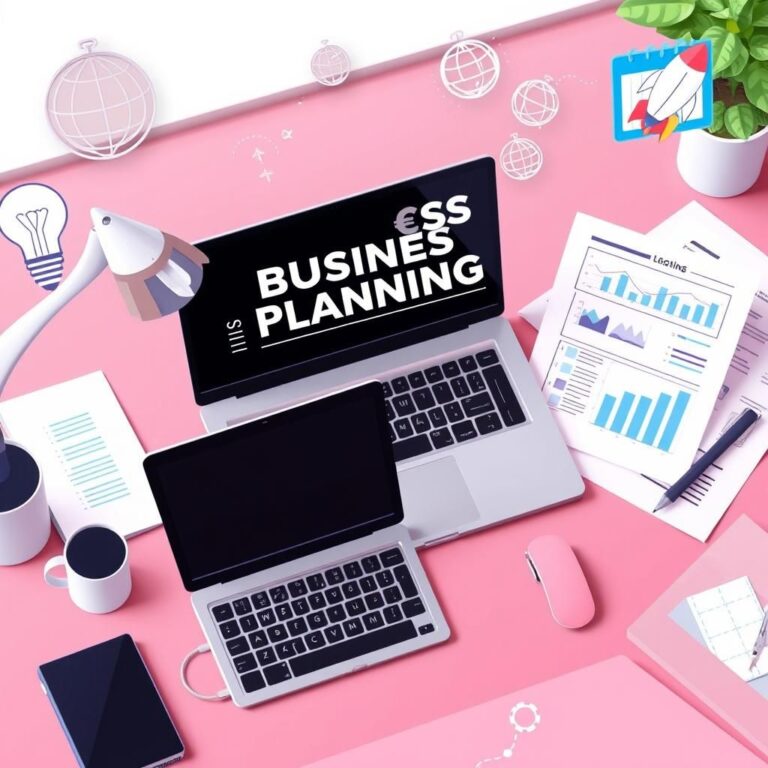 Create a modern, professional image that represents a detailed business planning process for startups. The scene should include a workspace with a laptop, financial charts, documents, and a business plan outline on a desk. Surrounding elements may include startup-related icons like a lightbulb (for ideas), a rocket (for growth), and a calendar to symbolize planning steps. The color scheme should be clean and vibrant, with a focus on professionalism and innovation.