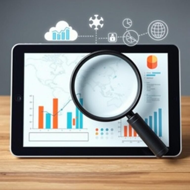 Create a visually engaging image representing market analysis before starting a business. Show elements like a magnifying glass over a map, charts, graphs, and market trends displayed on a tablet or computer screen. Include subtle icons such as a bar chart, pie chart, and global network to symbolize market research and data-driven decisions. Use a professional and clean color palette. Do not include any text in the image.