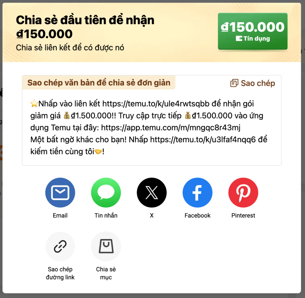 Hướng dẫn chia sẻ link của Temu Affiliate