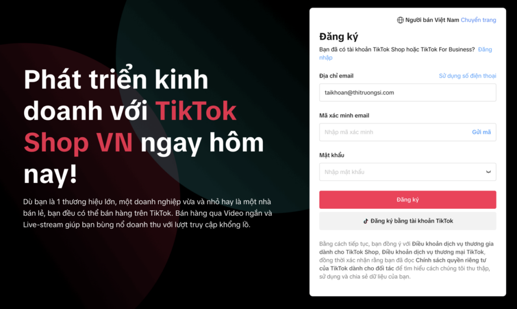 Tạo tài khoản Tiktok Shop