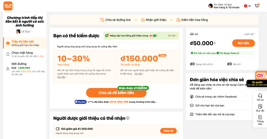 Giao diện trang Temu Affiliate