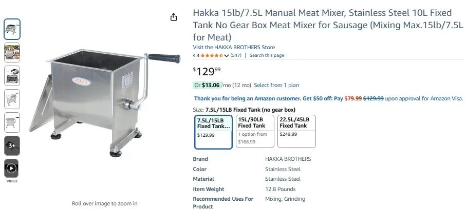 Hakka 30 lb15L Manual Meat Mixer with Fixed Tank
