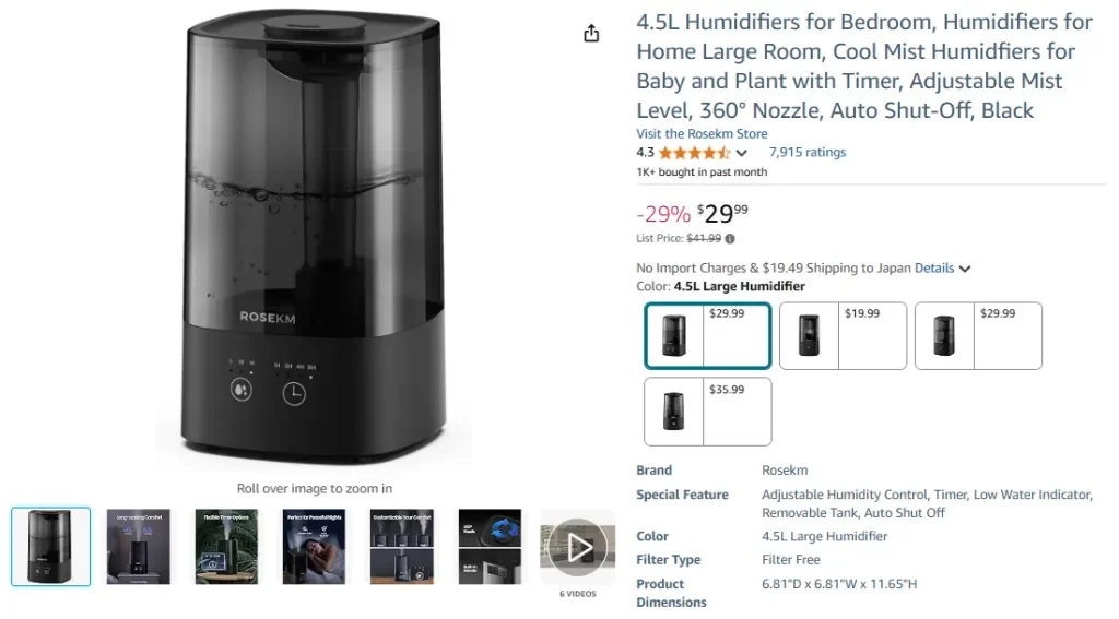Rosekm 4.5L Humidifier for Bedroom and Home