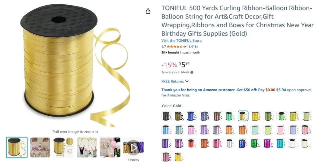 TONIFUL Dây Ruy Băng Xoăn 500 Yard (Vàng)