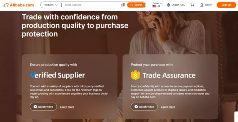 Các tính năng an toàn như Đảm bảo giao dịch và Nhà cung cấp đã được xác minh trên Alibaba.com