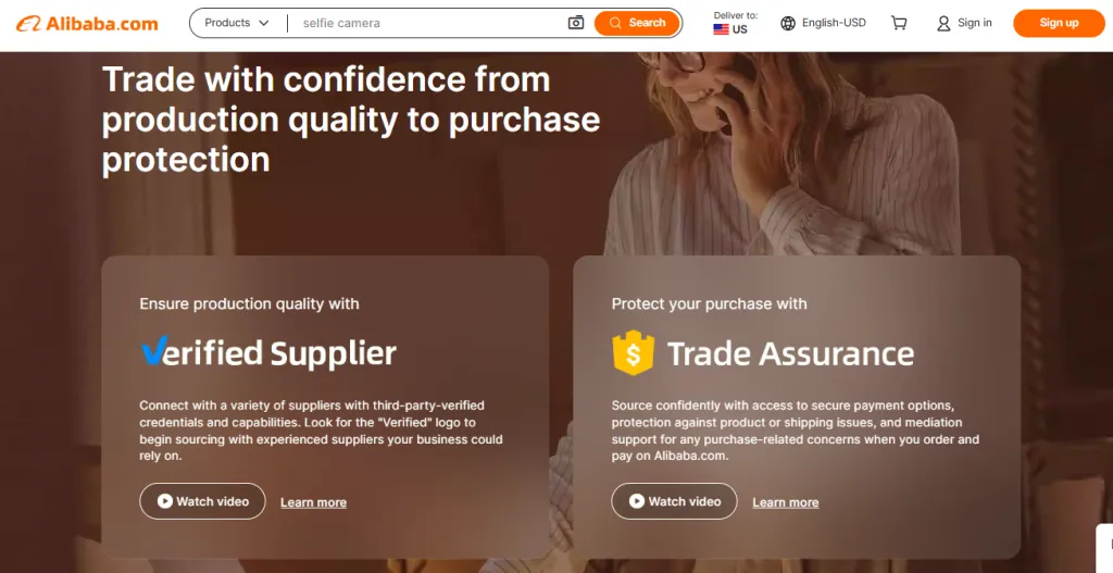 Các tính năng an toàn như Đảm bảo giao dịch và Nhà cung cấp đã được xác minh trên Alibaba.com